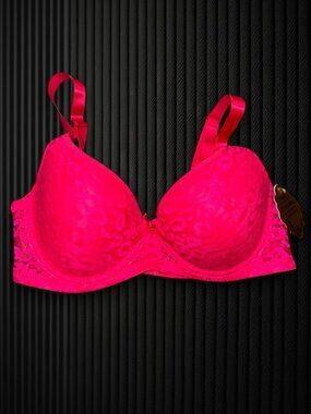 Hot Pink Leopard Lace Push Up Bra Padded Underwire Adjustable Straps 34D
